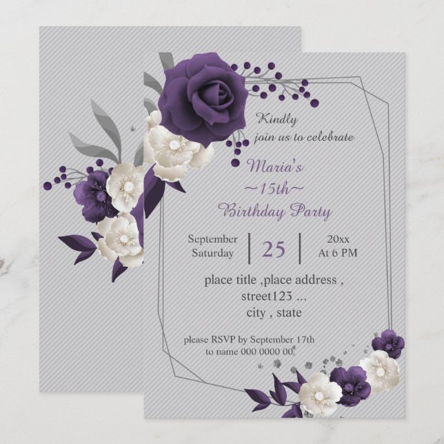 dusty purple white flowers geometric birthday invitation (Front/Back)