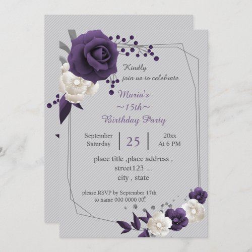 dusty purple white flowers geometric birthday invitation