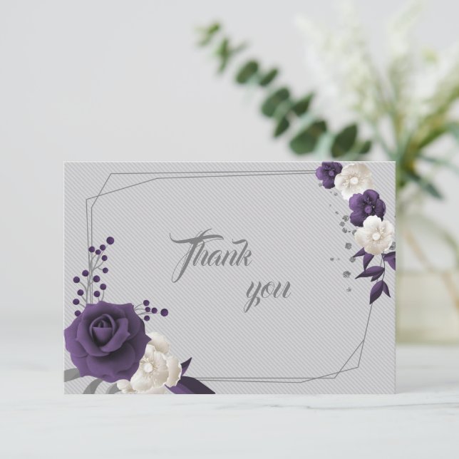 dusty purple white flowers geometric thank you card (Standing Front)