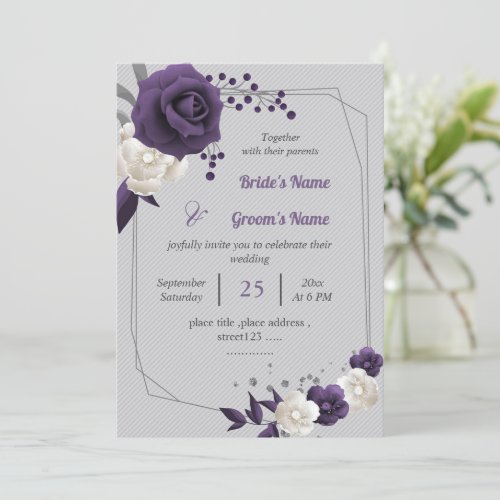  dusty purple white flowers geometric wedding invitation