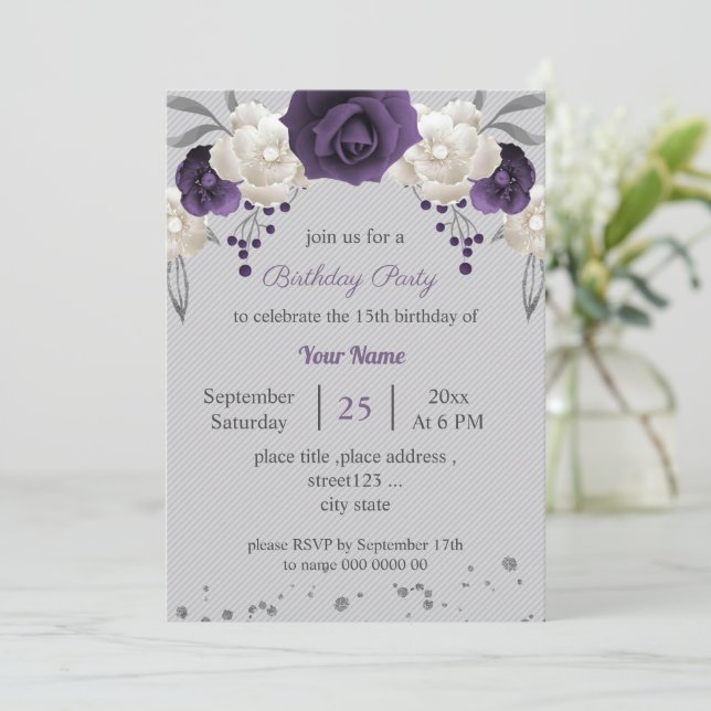 dusty purple & white flowers gray birthday invitation (Standing Front)