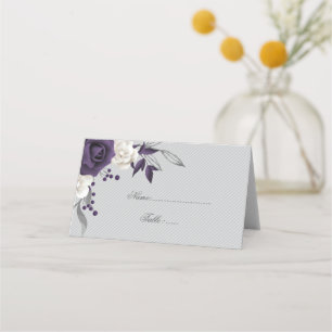 dusty purple & white flowers gray place card