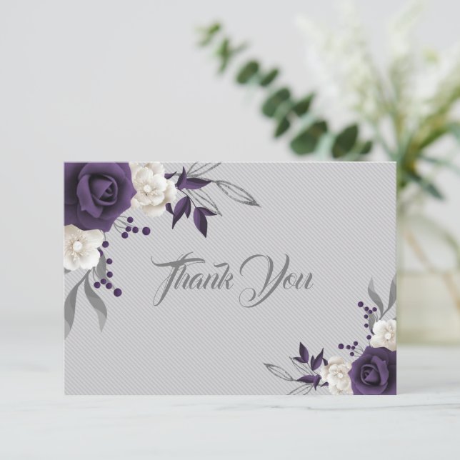 dusty purple white flowers gray thank you card (Standing Front)