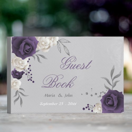 dusty purple white flowers gray wedding guest book