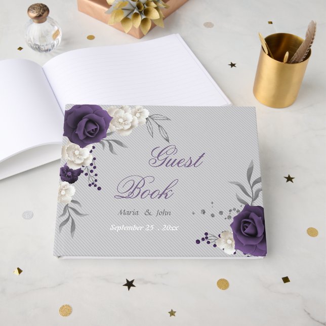 dusty purple white flowers gray wedding guest book (Front Open)