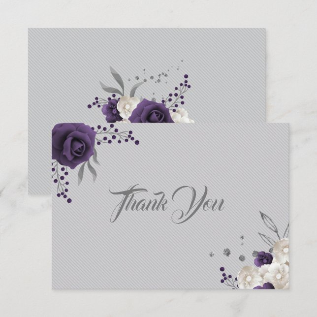 Dusty purple white flowers silver gray  thank you card (Front/Back)