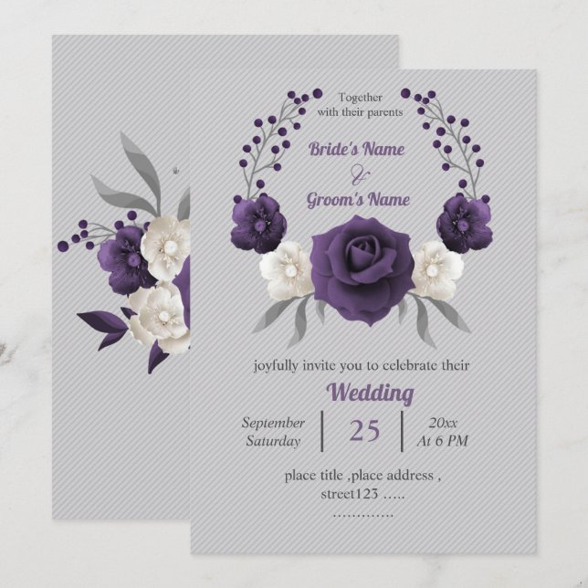Dusty purple white flowers silver grey wedding invitation (Front/Back)