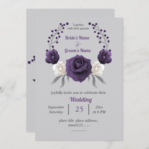 Dusty purple white flowers silver grey wedding invitation