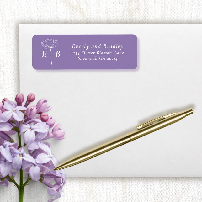 Dusty Purple White Monogram Floral Accent Address Label (Creator Uploaded)