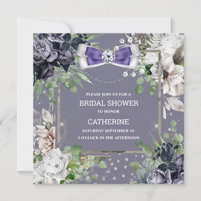 Dusty Purple white rose floral diamond bow chic Invitation (Front)