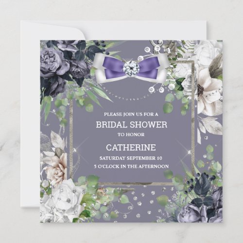 Dusty Purple white rose floral diamond bow chic Invitation