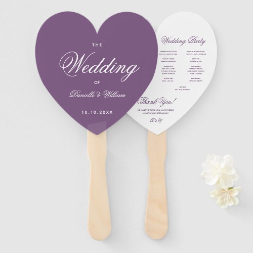 Dusty Purple White Script Wedding Program Heart Hand Fan