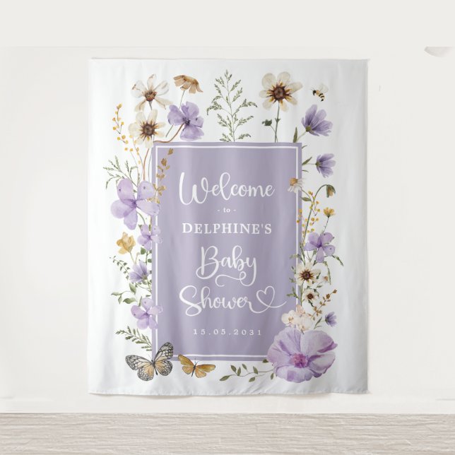 Dusty Purple Wildflower Baby Shower Welcome Tapestry (Front)