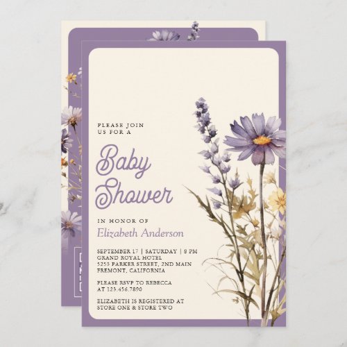 Dusty Purple Wildflower Photo QR Code Baby Shower Invitation