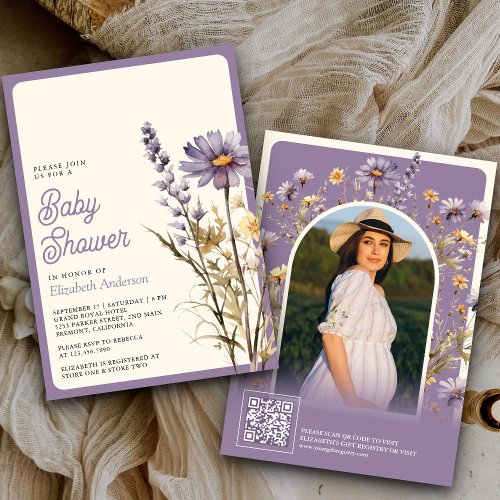 Dusty Purple Wildflower Photo QR Code Baby Shower Invitation