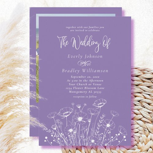 Dusty Purple Wildflower QR Code Photo Wedding  Invitation
