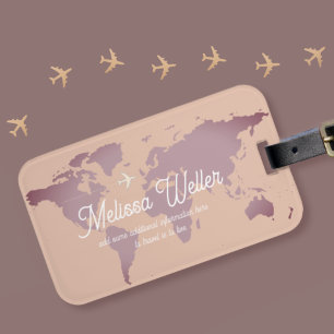 Dusty Purplish World Map with Traveler Name Luggage Tag