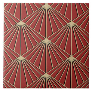 Dusty Red Art Deco Fan Pattern Diamond Ceramic Tile