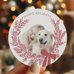 Dusty Red Christmas Wreath Photo Classic Round Sticker<br><div class="desc">Holiday photo sticker with a simple Christmas wreath. For more advanced customization of this design,  please click the DESIGN TOOL BUTTON above!</div>