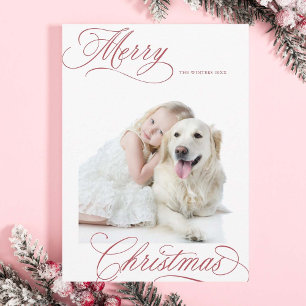 Dusty Red Merry Christmas Script Minimal Photo Holiday Card