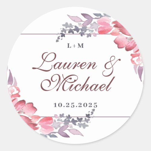 Dusty Red Watercolor Spring Flower Floral Wedding Classic Round Sticker