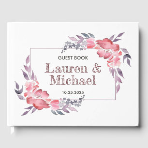 Dusty Red Watercolor Spring Flower Floral Wedding Guest Book