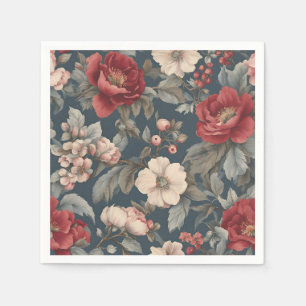 Dusty Red, White Blue Vintage Roses Napkins