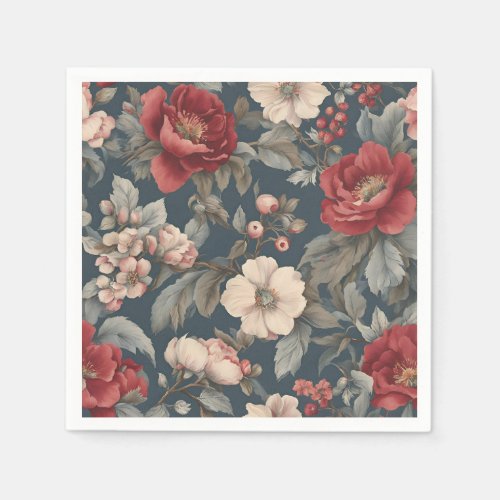 Dusty Red, White Blue Vintage Roses Napkins