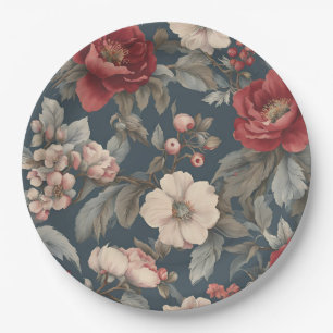 Dusty Red, White Blue Vintage Roses Paper Plates