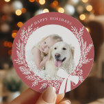 Dusty Red & White Christmas Wreath Photo Classic Round Sticker<br><div class="desc">For more advanced customization of this design,  please click the DESIGN TOOL BUTTON above!</div>