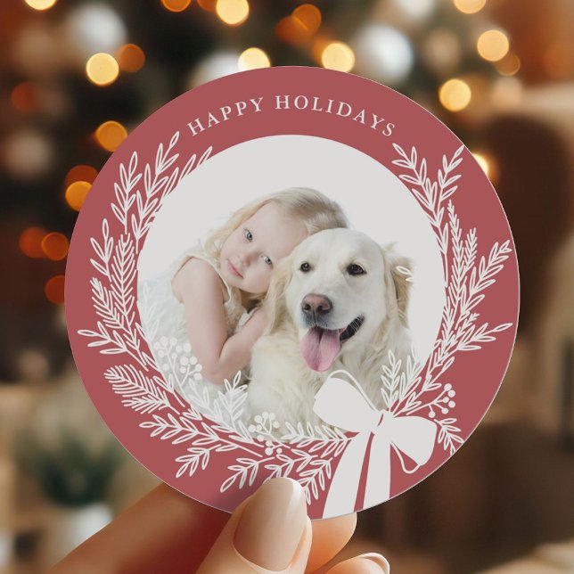 Dusty Red & White Christmas Wreath Photo Classic Round Sticker (Creator Uploaded)