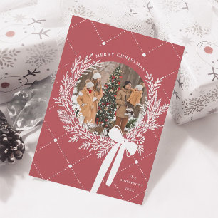 Dusty Red & White Christmas Wreath Photo Holiday Card