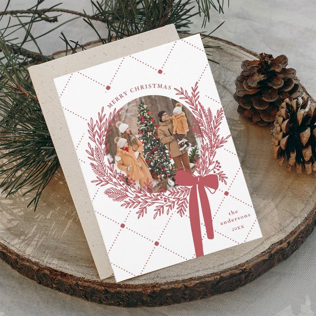 Dusty Red & White Christmas Wreath Photo  Holiday Card (Creator Uploaded)