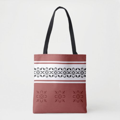 Dusty red with black damask highlights on white tote bag