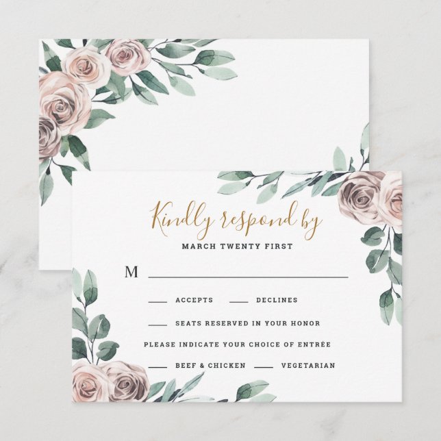 Dusty Rose 2 Meal Choice Greenery Floral Wedding RSVP Card (Front/Back)