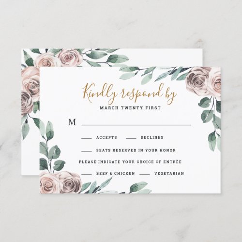 Dusty Rose 2 Meal Choice Greenery Floral Wedding RSVP Card