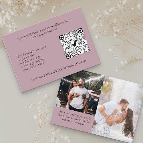 Dusty Rose 2 Photo Online RSVP QR Code Wedding Enclosure Card