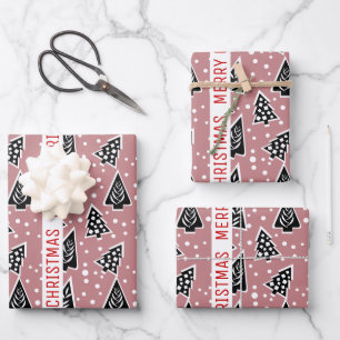 Dusty rose and black Merry Christmas trees holiday Wrapping Paper Sheets