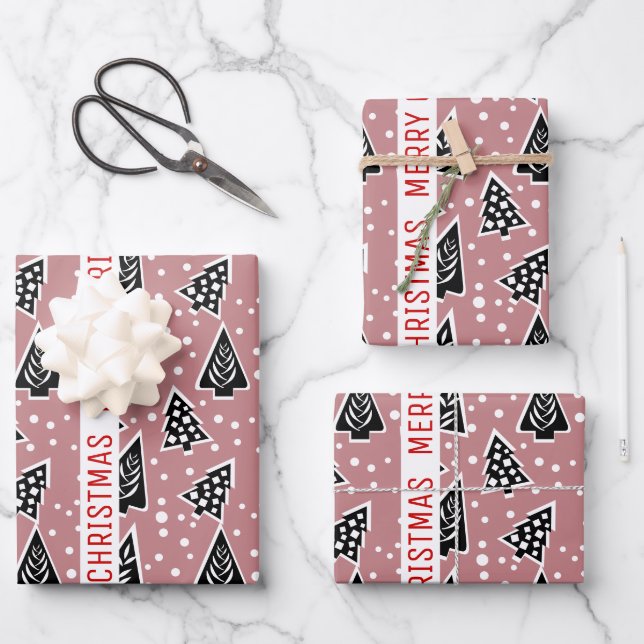 Dusty rose and black Merry Christmas trees holiday Wrapping Paper Sheets (Front)