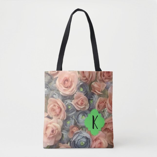 Dusty Rose  and Blue Floral Bloom Design Tote Bag (Front)