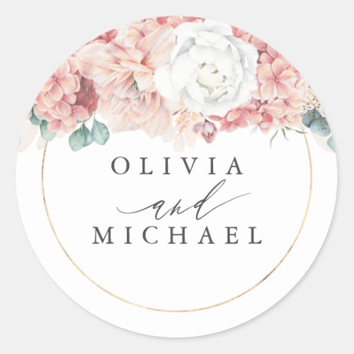 Dusty Rose and Blush Flowers Elegant Wedding Classic Round Sticker