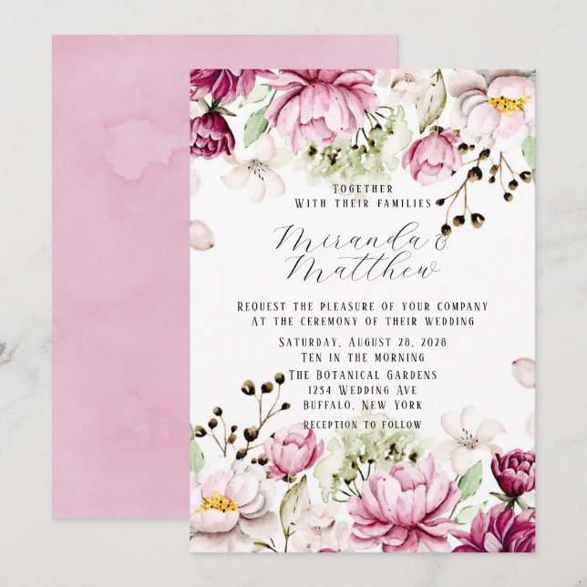 Dusty Rose and Blush Pink Paint Peony Wedding  Invitation (Front/Back)