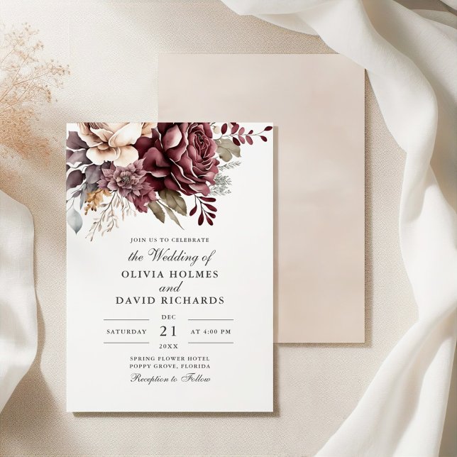 Dusty Rose and Burgundy Floral Boho Wedding Invitation (Dusty Rose and Burgundy Floral Boho Wedding Invitation on a silk tablecloth.)