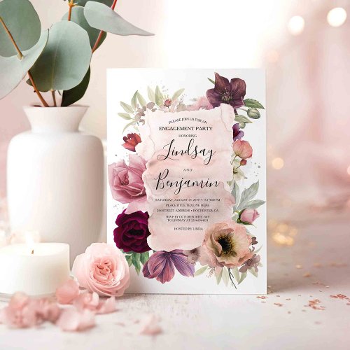 Dusty Rose and Burgundy Floral Engagement Party Invitation