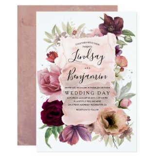Dusty Rose and Burgundy Floral Vintage Wedding Invitation