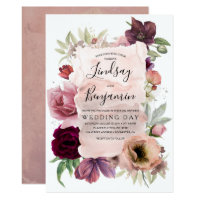 Dusty Rose and Burgundy Floral Vintage Wedding Invitation