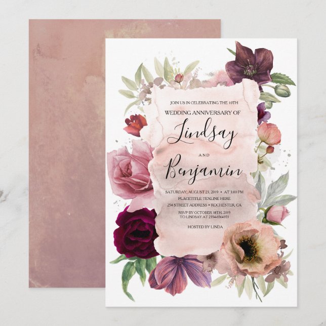Dusty Rose and Burgundy Floral Wedding Anniversary Invitation (Front/Back)