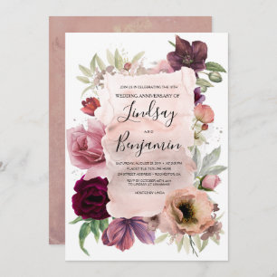 Dusty Rose and Burgundy Floral Wedding Anniversary Invitation