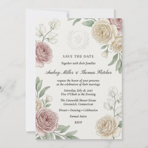 Dusty Rose and Cream Garden Rose Watercolor  Invitation