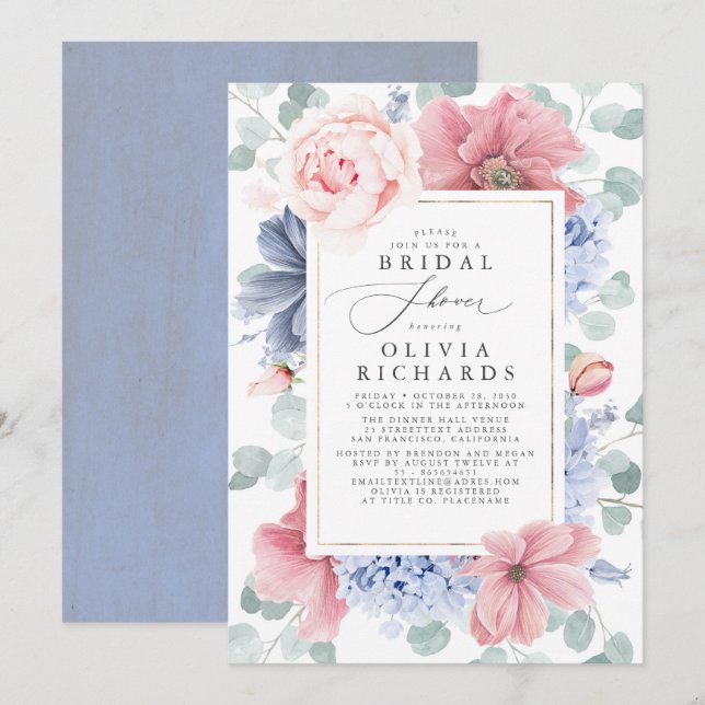 Dusty Rose and Dusty Blue Floral Bridal Shower Invitation (Front/Back)